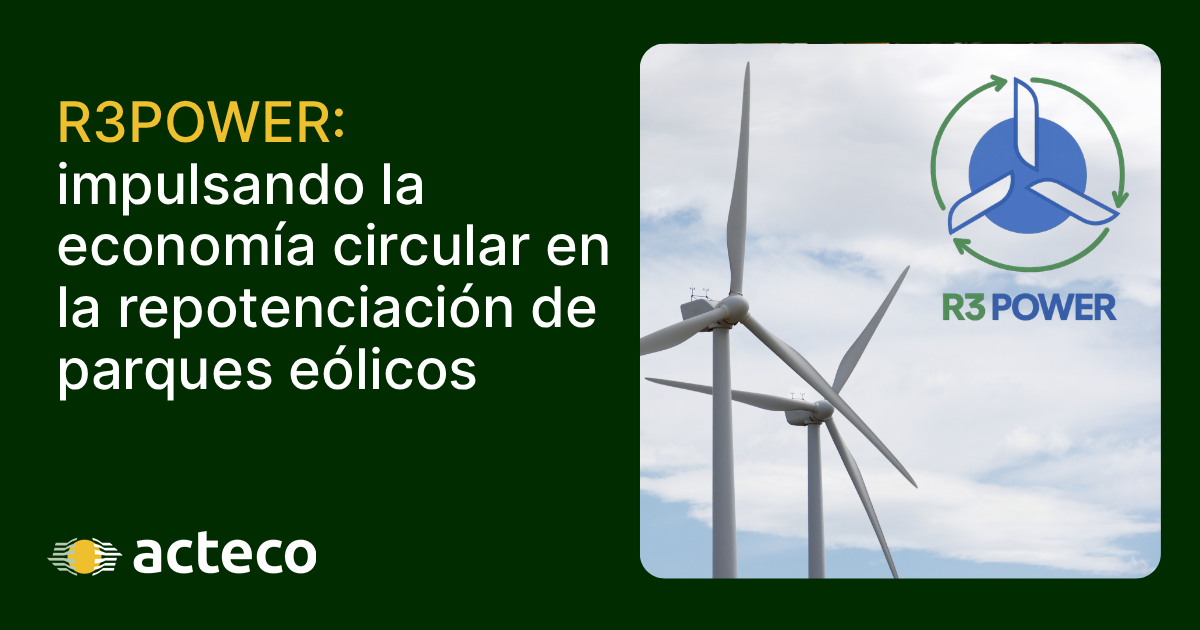 Cartel del proyecto R3POWER para impulsar la economía circular y el reciclaje de aerogeneradores, con los logotipos de la iniciativa y de Acteco.