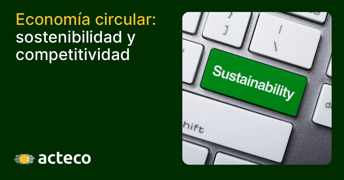 Imagen destacada del blog de Acteco con el título 'Economía circular: sostenibilidad y competitividad'. A la derecha se muestra un primer plano de un teclado de ordenador con una tecla de color verde brillante que lleva escrita la palabra 'Sustainability' en inglés.
