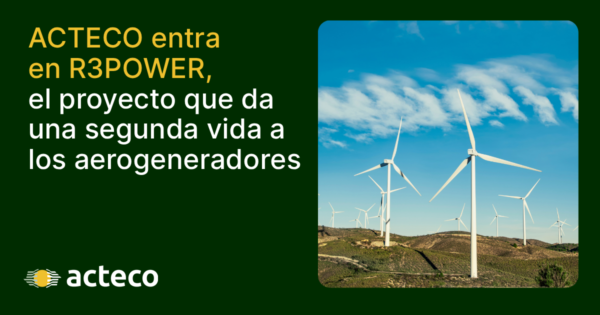 Banner del blog de ACTECO sobre la iniciativa R3POWER para el reciclaje y economía circular de aerogeneradores, con imagen de un parque eólico